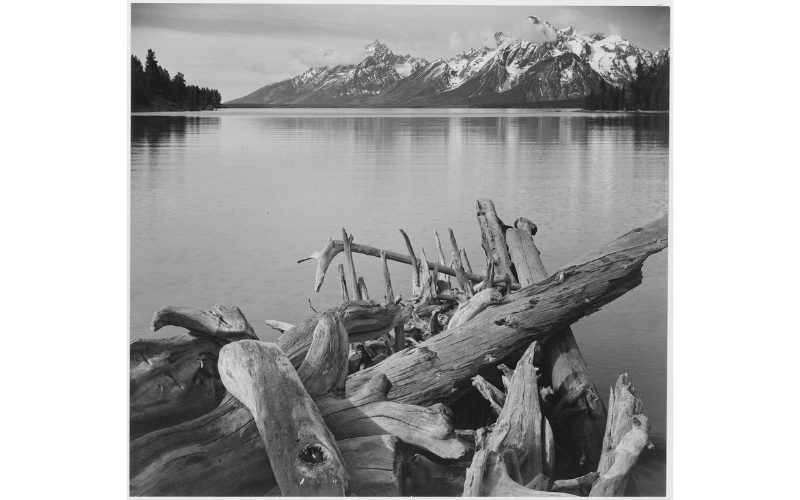 Jackson Lake in foreground, with Teton Range in background